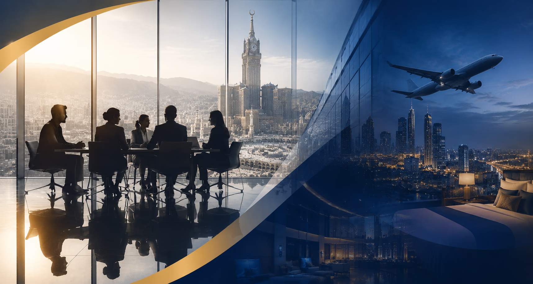 Luxury journey at dusk over an Arabian city skyline