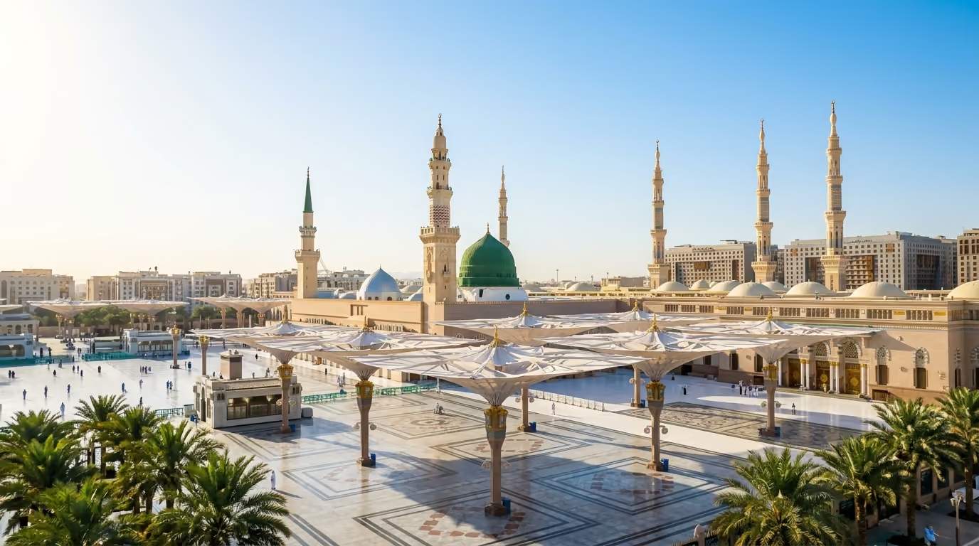The Prophet's Mosque in Madinah in daylight, seen from the plaza